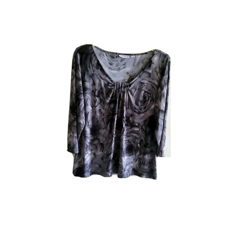 Susan Graver Womens Gray Floral Print Pleated Neck Flowy Top Sz XL Stretch